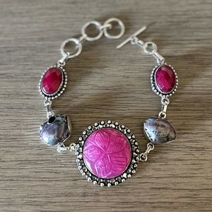 0872 Carved Simulated Ruby Biwa Pearl Bracelet Silver Statement Jewelry